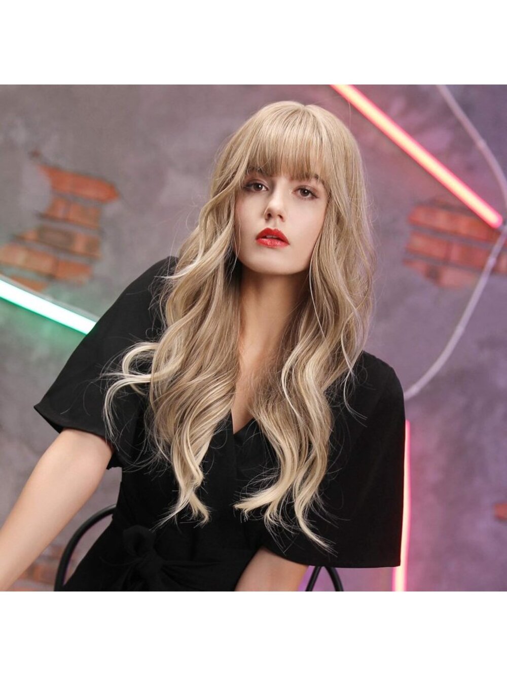 Women's Ash Blonde Resistant Long Curly Wavy Synthetic Wig with Bangs Size 26In